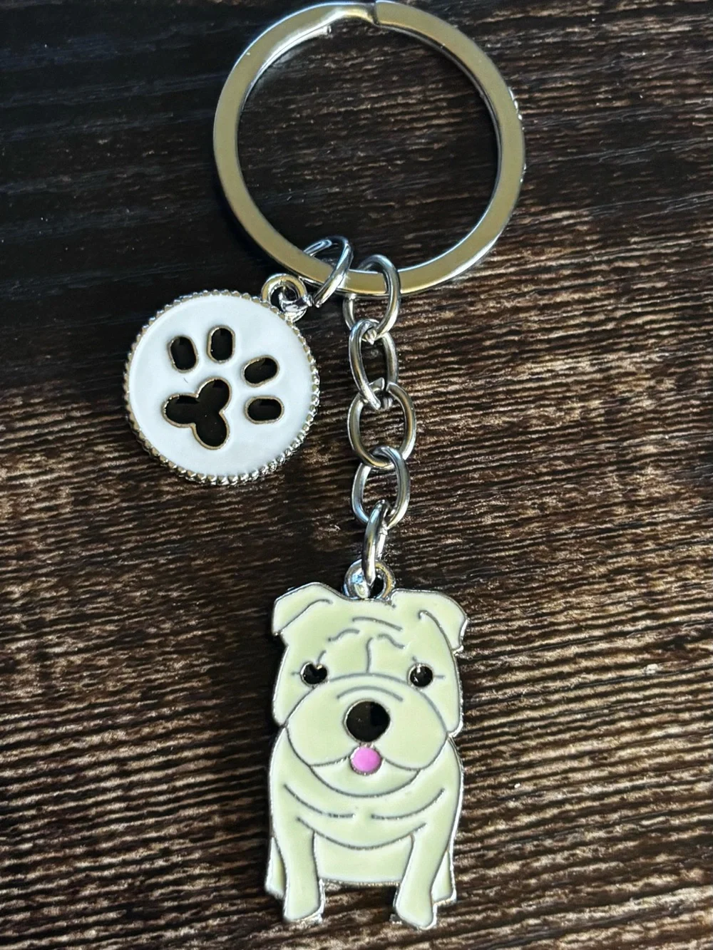 Cute Cream Bulldog Keychain with Paw Charm